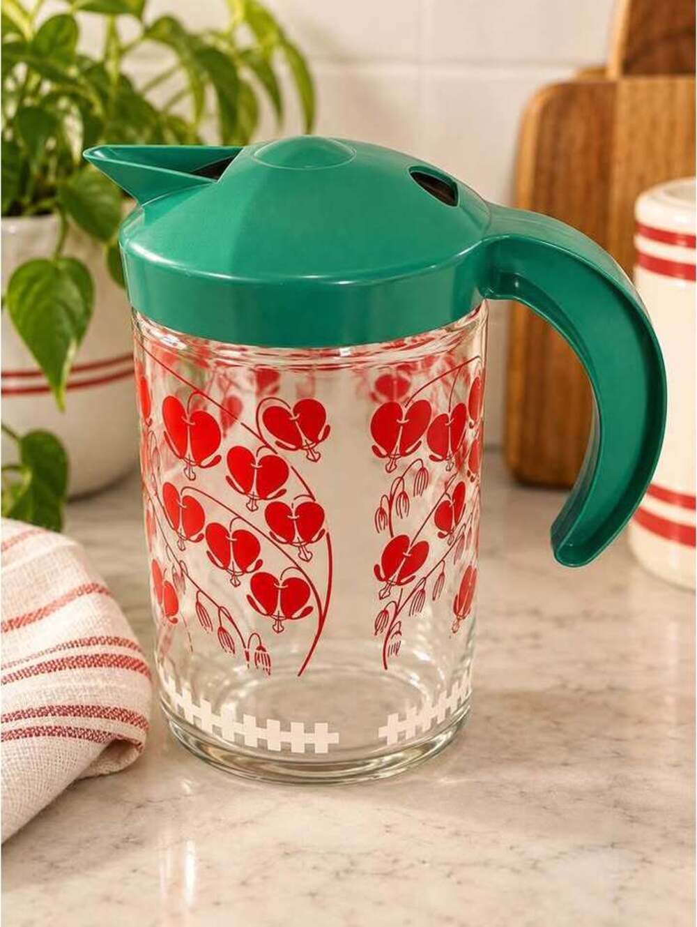 Vintage Bleeding Heart Glass Pitcher with Green Lid